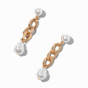 Claire’s Pearl & Gold-tone Cuban Chain 2” Drop Stud Pierced Earrings